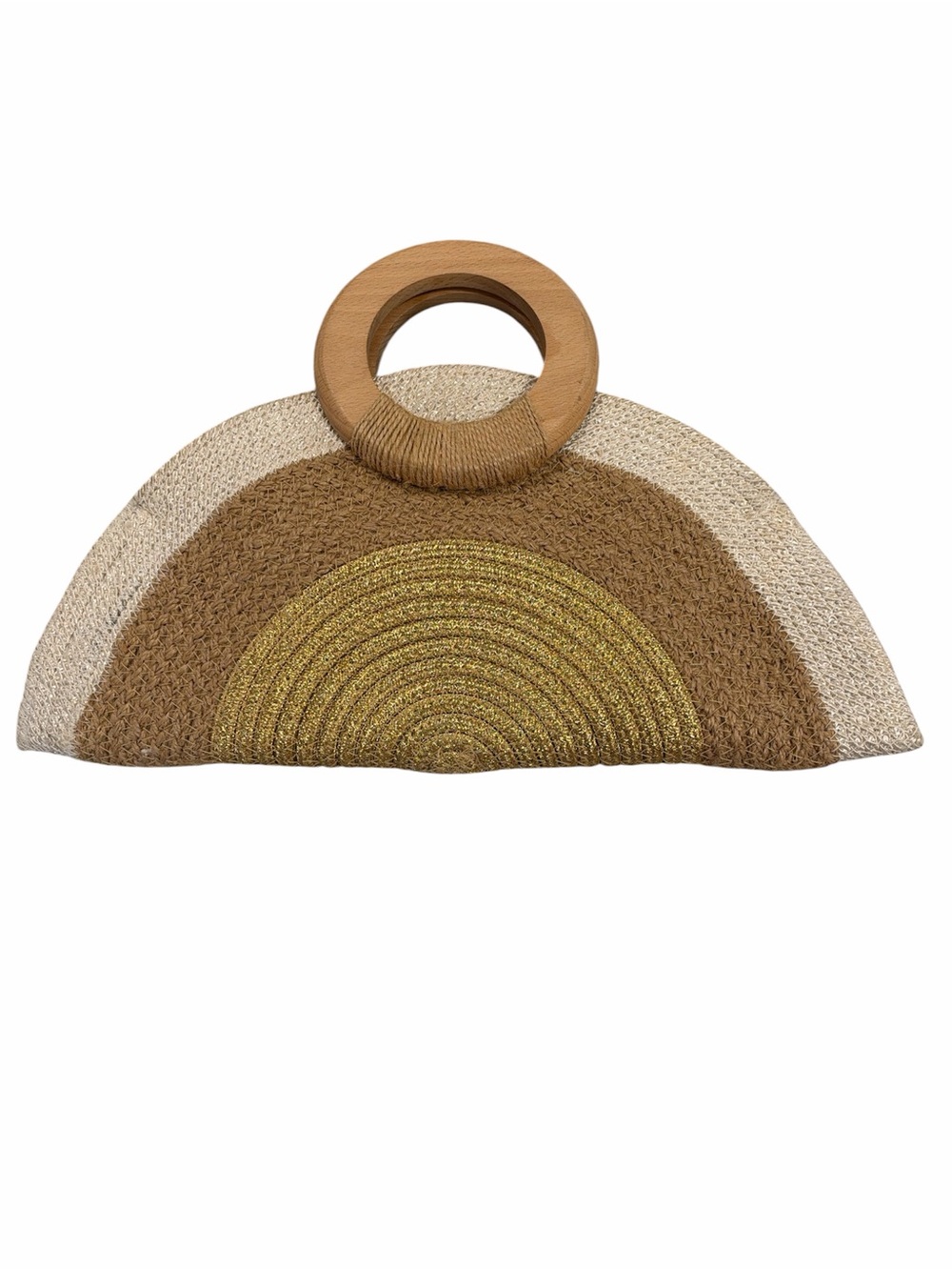 ANTIK KRAFT Elegant Tan and Gold Women's Woven Bag, Wooden Handle